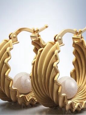 Vintage wide copper hand carved Gold Sculpted Hoop Earrings with Pearl Accent